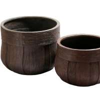 Real wood look Outdoor Indoor Planter Trending Decorative wooden round Pot FRP Flower Vase for Homes and gardens